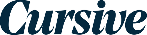 A logo for the agency Cursive with the word cursive spelled out in blue cursive text.